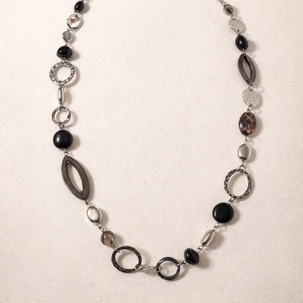 Y2K Long Black Silver Statement Necklace Boho Layered Beaded Boutique Jewelry